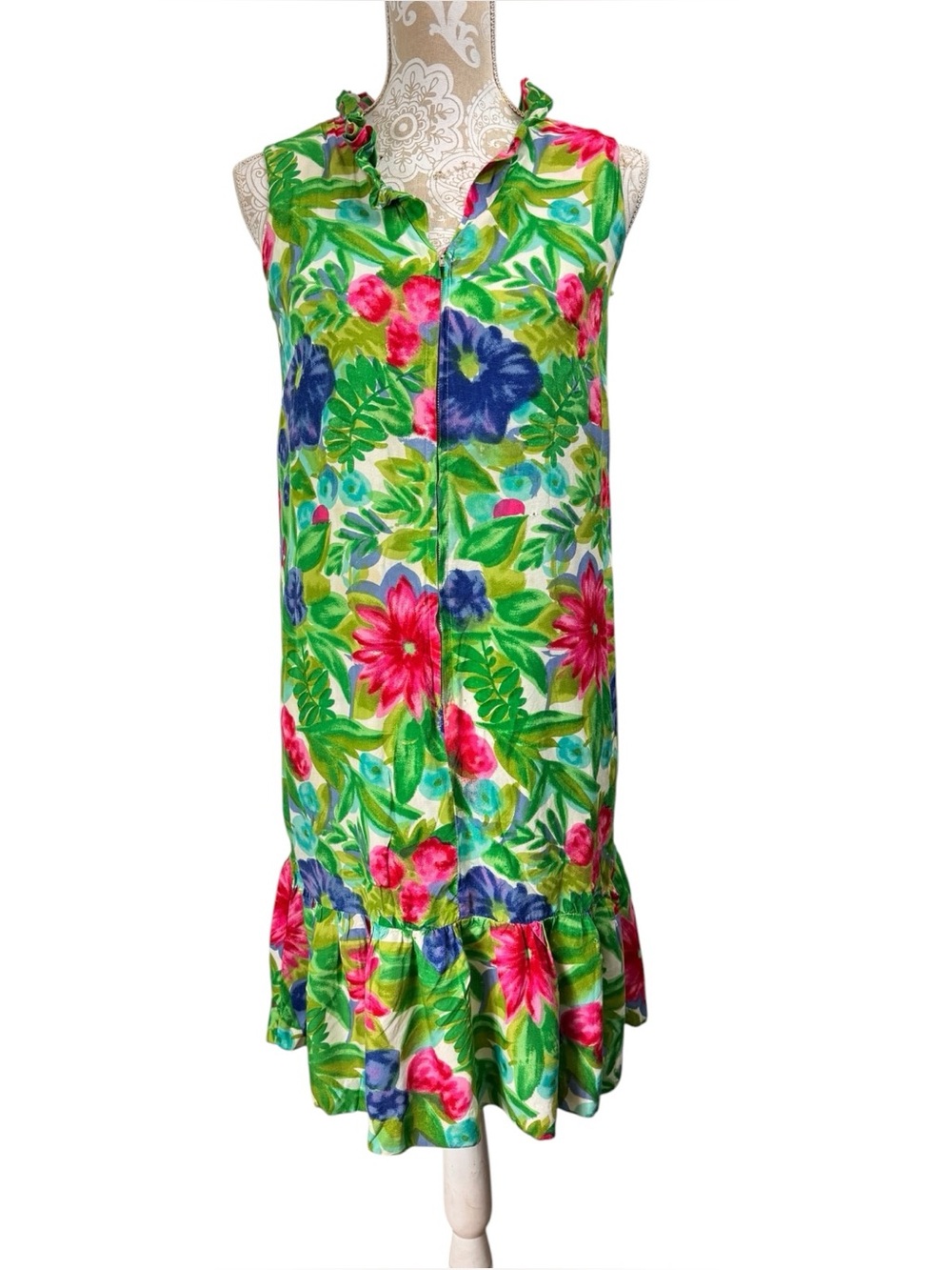 Vintage 60s Kuonakakai Hawaiian Originals Floral Dress Zip Front Size Small